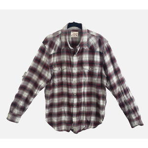 Lucky Brand Pearl Snap Flannel Shirt Mens Sz M Red Gray Back Yoke Pockets‎